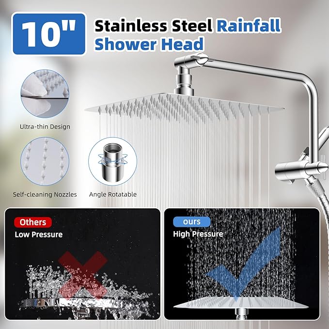 All Metal Shower Head, 10" High Pressure Rainfall/Handheld Shower Combo with 11" Extension Arm, 10-Spray Handheld Showerhead, 71" Long Hose, 3-Way Diverter Valve, Chrome