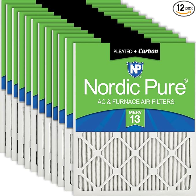 Nordic Pure 20x25x1 (Actual Size: 19 1/2 x 24 1/2 x 3/4) Pleated Air Filters MERV 13 Plus Carbon 12 Pack