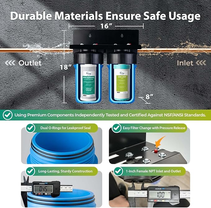 iSpring PFAS & Heavy Metals Whole House Water Filter System, SGS-Tested to Reduce 99% PFAS, 2-Stage Filtration Removes Lead, Heavy Metals, Chlorine, Sediment & Odor, 1” Inlet/Outlet Model: WGB21B-PFKS