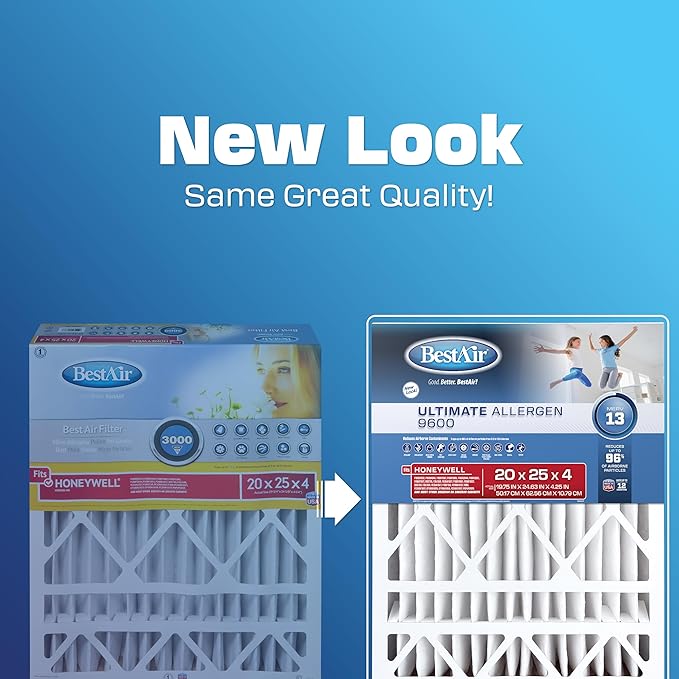 BestAir HW2025-13R AC Furnace Air Filter, 20" x 25" x 4", MERV 13, Removes Allergens & Contaminants, Fits 100%, For Honeywell Models, Pack of 3