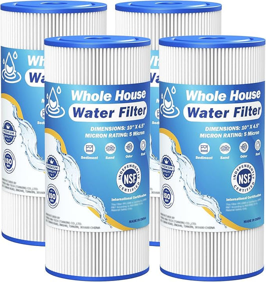 5 Micron 10" x 4.5" Whole House Water Filter Compatible with GE FXHSC, GXWH40L, Plumber W50PEHD, Culligan R50-BBSA, Pentek R50-BB, W10-PR, DuPont WFHDC3001, W50PEHD, High Flow Sediment Filters, 4 Pack