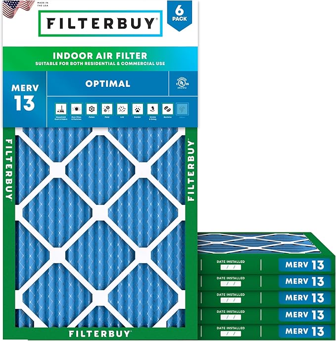 Filterbuy 24x36x1 Air Filter MERV 13 Optimal Smoke & Allergy Defense (6-Pack), Electrostatic Pleated HVAC AC Furnace Filters Replacement, Made in USA (Actual Size: 23.50 x 35.50 x 0.75)
