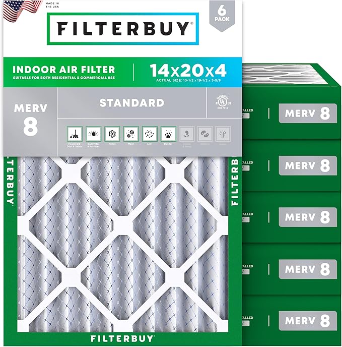 Filterbuy 14x20x4 Air Filter MERV 8 Essential Dust & Allergy Defense (6-Pack), Electrostatic Pleated HVAC AC Furnace Filters Replacement, Made in USA (Actual Size: 13.50 x 19.50 x 3.63)