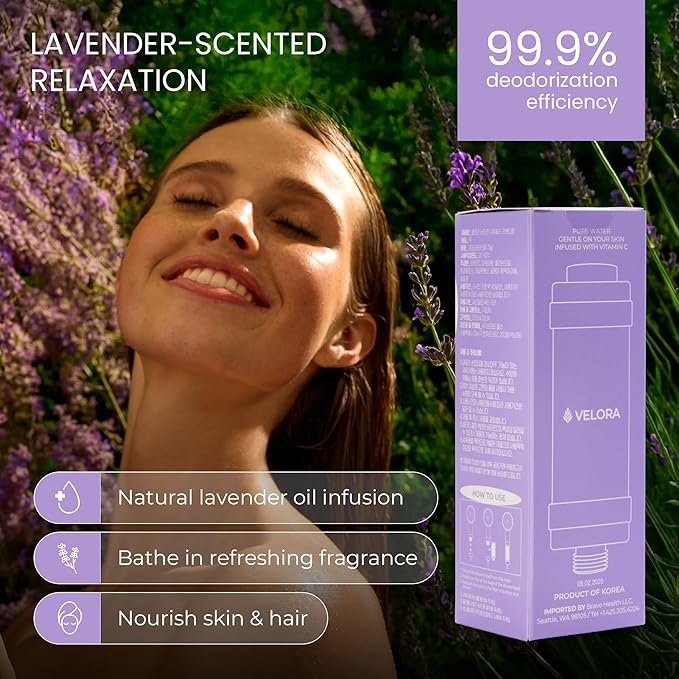 Vitamin C Shower Filter and Water Softener for Hard Water - Aromatherapy Shower Head Attachment - Universal Fit, No Tools - Replenish Dry, Itchy Skin and Nourish Hair - Lavender-Scented