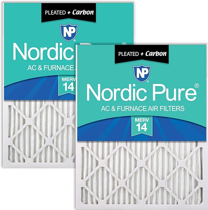 Nordic Pure 24x24x1 (Actual Size: 23 3/8 x 23 3/8 x 3/4) Pleated Air Filters MERV 14 Plus Carbon 2 Pack