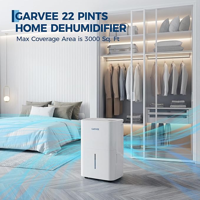 Garvee 22 Pint Dehumidifier for up to 3,000 Sq Ft, with Reusable Air Filter Control, Compact for Home, Basement, Large & Medium Sized Rooms, Bathroom
