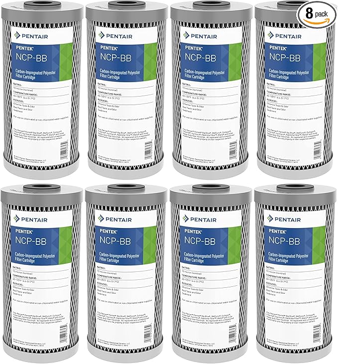 Pentair Pentek NCP-BB Big Blue Carbon Water Filter, 10-Inch, Whole House Pleated Carbon-Impregnated Polyester Cartridge, 10" x 4.5", 10 Micron, Sediment and Chlorine Reduction, Pack of 8
