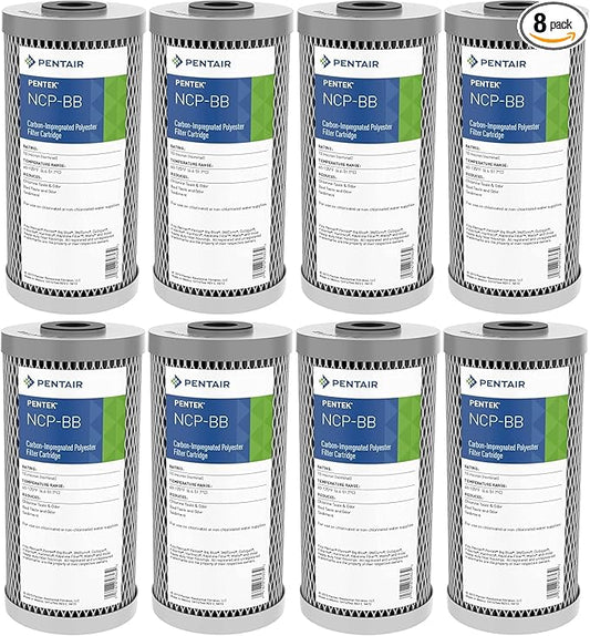 Pentair Pentek NCP-BB Big Blue Carbon Water Filter, 10-Inch, Whole House Pleated Carbon-Impregnated Polyester Cartridge, 10" x 4.5", 10 Micron, Sediment and Chlorine Reduction, Pack of 8
