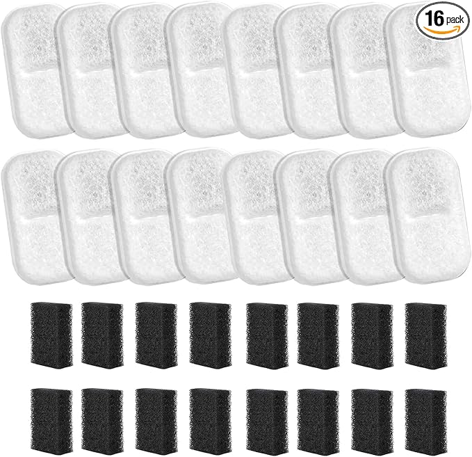 16+16 Packs Cat Water Filters Replacement for 108Oz/3.2L & 67Oz/2L Stainless Steel Pet Water Dispenser, Cat/Dog Indoor Water Dispenser Fountain for Most Pet Water Fountains 16 Filters & 16 Sponges