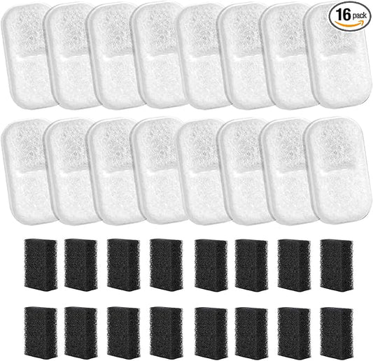 16+16 Packs Cat Water Filters Replacement for 108Oz/3.2L & 67Oz/2L Stainless Steel Pet Water Dispenser, Cat/Dog Indoor Water Dispenser Fountain for Most Pet Water Fountains 16 Filters & 16 Sponges