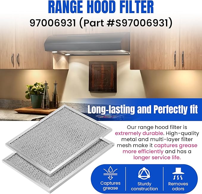 Range Hood Filter 97006931-10.5 x 8.75 INCH Range Filter fit Br-oan Nu-tone Range Hood S97006931 Aluminum Grease Filter Replace BP29, 88150, 99010121-2 PACK by Fetechmate