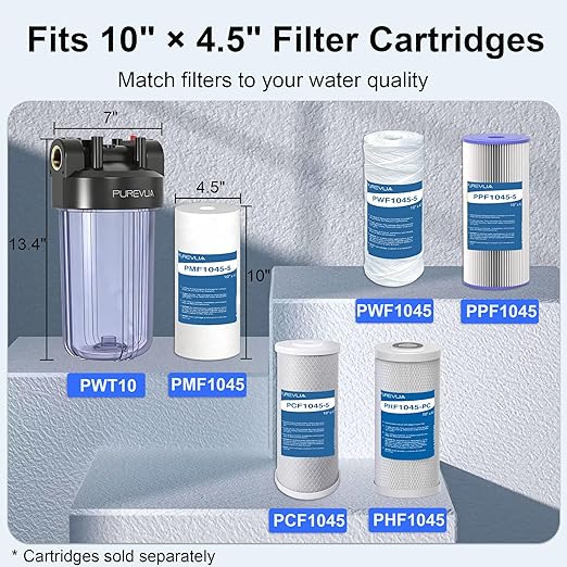 PWT10 Whole House Water Filter Housing, Fits 10” x 4.5” Big Blue Filters, Inline Pre-Filtration System for RV, Home Well and City Water Sediment etc with 1" NPT Port, Pressure Relief Valve