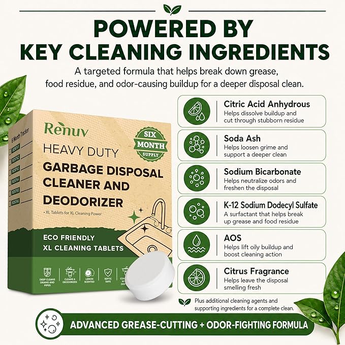 Renuv® Garbage Disposal Cleaner and Deodorizer Tablets Drain Freshener, Deodorizer, Cleaner for Garbage Disposer Cleaners (6 XL Tablets - 6 Months Supply)