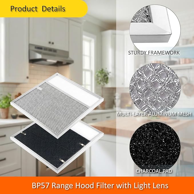 1-Pack BP57 Range Hood Filter with Light Lens 11 3/8 x 11 3/4 In Stove Vent Grease Filter for Br-oan Nut-one 43000 Series/BUEZ3/SL6200R Kitchen Exhaust Fan Carbon Filter Replacement