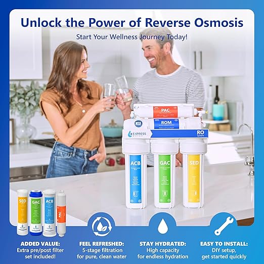 Express Water RO5DX 5-Stage Under Sink Reverse Osmosis Water Filter System, NSF Certified 372 & 58, 50 GPD, Reduces 99% of Impurities, Deluxe Chrome Faucet