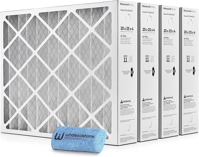 20x25x4 Air Filter Replacement MERV 11, FC100A1037 Pleated HVAC AC Furnace Filters with Wholesalehome Cleaning Cloth, 4-Pack (Actual Size: 19.94 x 24.88 x 4.38 Inches)