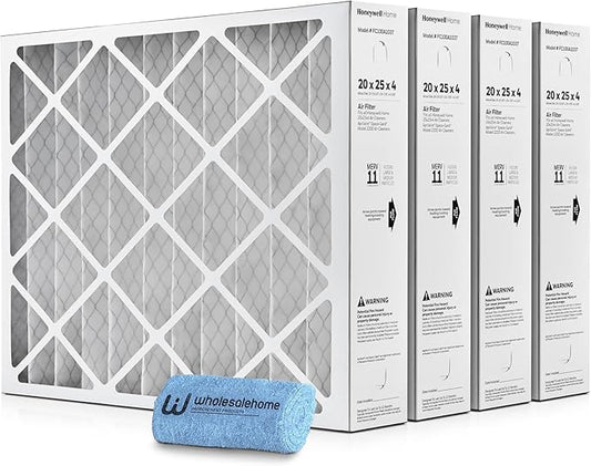 20x25x4 Air Filter Replacement MERV 11, FC100A1037 Pleated HVAC AC Furnace Filters with Wholesalehome Cleaning Cloth, 4-Pack (Actual Size: 19.94 x 24.88 x 4.38 Inches)