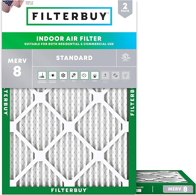 Filterbuy 10x14x1 Air Filter MERV 8 Essential Dust & Allergy Defense (2-Pack), Electrostatic Pleated HVAC AC Furnace Filters Replacement, Made in USA (Actual Size: 9.50 x 13.50 x 0.75)
