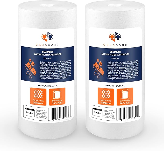 Aquaboon 5 Micron 10 x 4.5 Well Water Sediment Filter Replacement Whole House Water Filter Cartridge Compatible with DGD-5005, WFHD13001B, 2-Pack