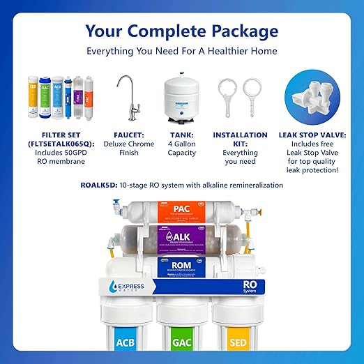 Express Water ROALK5D 10-Stage Alkaline Under Sink Reverse Osmosis Water Filter System, NSF Certified 372, 50 GPD, Reduces 99% of Impurities, BPA Free, Deluxe Chrome Faucet