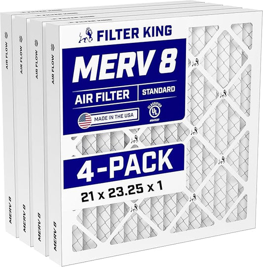 Filter King 21x23.25x1 Air Filter (MERV 8) (4-Pack) Dust & Allergy Control AC Furnace Filters, MADE IN USA, HVAC, Pleated, Electrostatic (Actual Size: 21 x 23.25 x .75)