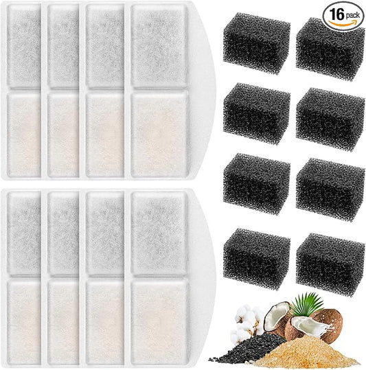 8 Pack Pet Fountain Filter Replacement and 8 Pack Replacement Pre-Filter Sponges, Pack of 16 Cat Water Fountain Filters and Foam Compatible with 100oz/3L Automatic Pet Fountain