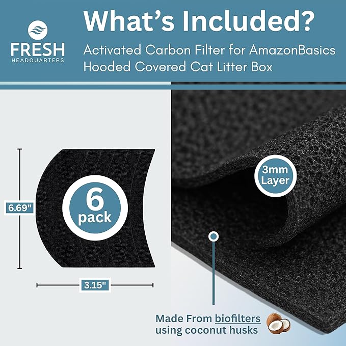 Fresh Headquarters 6-Pack Cat Litter Box Filter Replacement – 3.15"x6.69" Activated Carbon Charcoal Filter | Premium Filters for AmazonBasics Hooded Covered Cat Litter Box | Made in USA