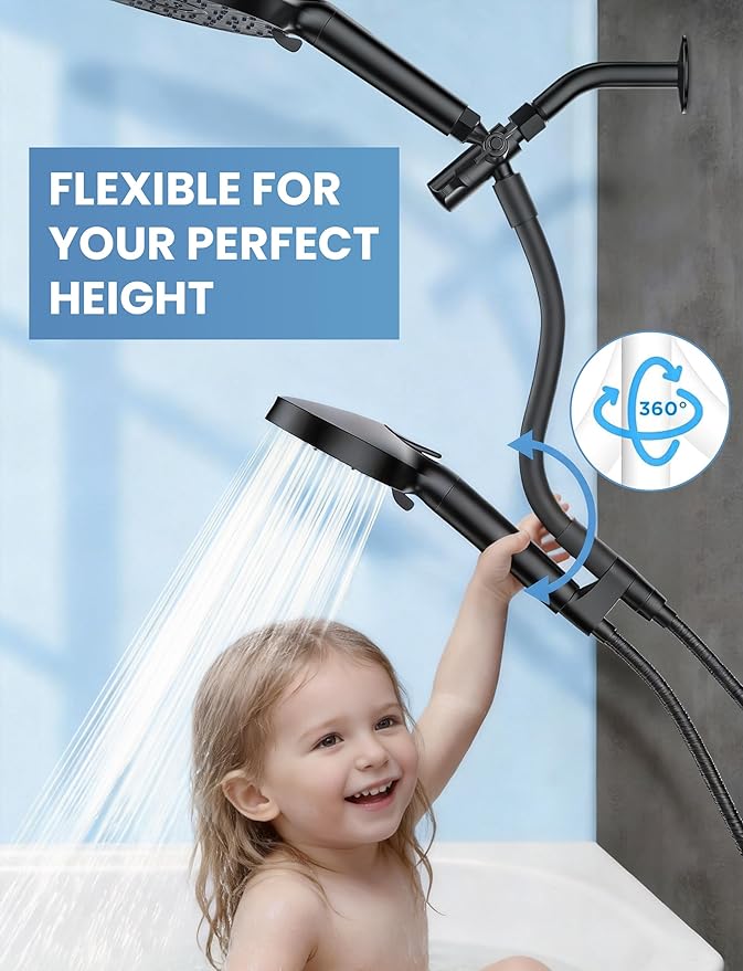 Magichome Rain/Rainfall Shower Head Filtered Handheld Combo with Large Arm, High Pressure 10 Spray Modes, Stainless Steel Hose, Water Softener Beads for Hard Water & Chlorine Removal, Matte Black