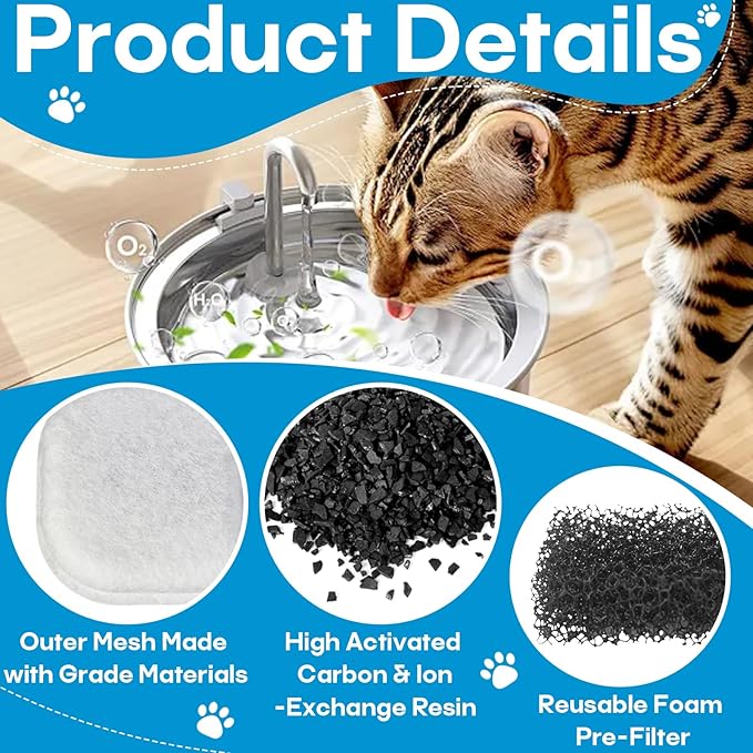 8+8 Packs Cat Water Filters Replacement for 108Oz/3.2L & 67Oz/2L Stainless Steel Pet Water Dispenser, Cat/Dog Indoor Water Dispenser Fountain for Most Pet Water Fountains 8 Filters & 8 Sponges