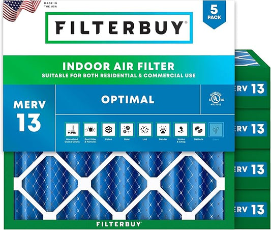 Filterbuy 25x25x4 Air Filter MERV 13 Optimal Smoke & Allergy Defense (5-Pack), Electrostatic Pleated HVAC AC Furnace Filters Replacement, Made in USA (Actual Size: 24.50 x 24.50 x 3.63)