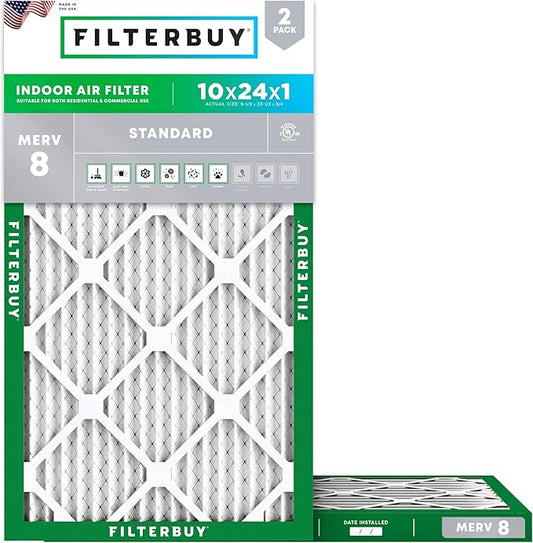 Filterbuy 10x24x1 Air Filter MERV 8 Essential Dust & Allergy Defense (2-Pack), Electrostatic Pleated HVAC AC Furnace Filters Replacement, Made in USA (Actual Size: 9.50 x 23.50 x 0.75)