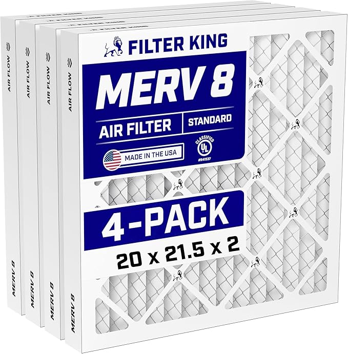 Filter King 20x21.5x2 Air Filter (MERV 8) (4-Pack) Dust & Allergy Control AC Furnace Filters, MADE IN USA, HVAC, Pleated, Electrostatic (Actual Size: 20 x 21.5 x 1.75)