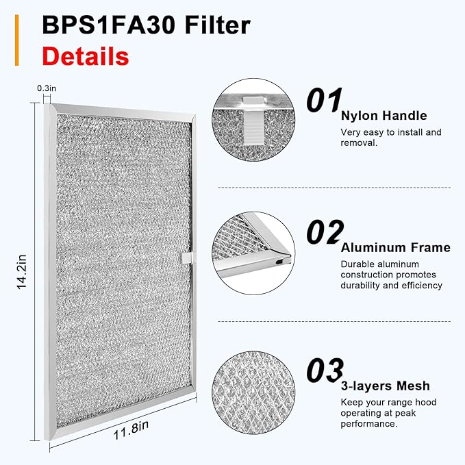 BPS1FA30 99010299 Range Hood Grease Filter 11-3/4" x 14-1/4" x 3/8" Mesh Aluminum Filter fit for B-roan QS1 30" N-utone WS1 QS2 Range Hood Replace S99010305 AP3378953-4 Pack by Fetechmate