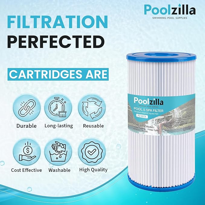 Poolzilla [3 Pack Pool Filter Cartridge for Type A or C, Compatible with Intex 29000E/59900E, Easy Set Pool Filters, Summer Escapes or Summer Waves Above Ground Pools [L x OD: 8" x 4.25'']