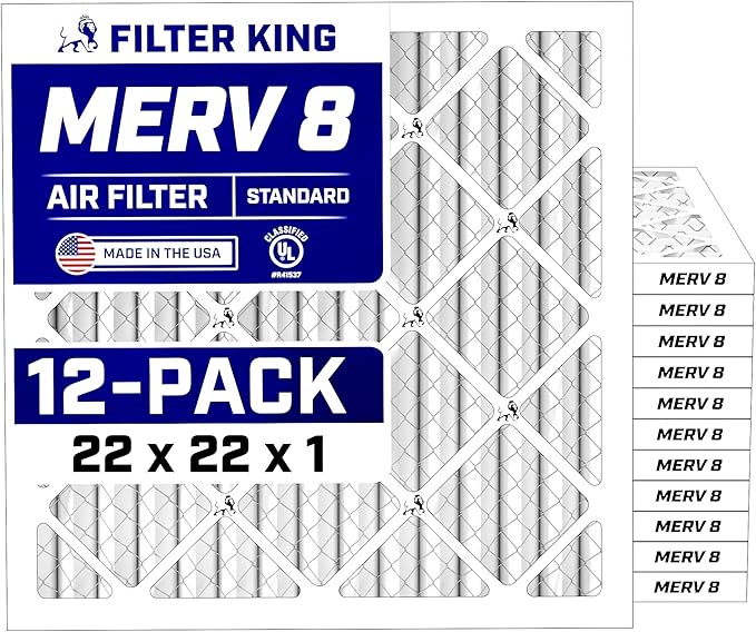 Filter King 22x22x1 Air Filter (MERV 8) (12-Pack) Dust & Allergy Control AC Furnace Filters, MADE IN USA, HVAC, Pleated, Electrostatic (Actual Size: 21.5 x 21.5 x .75)