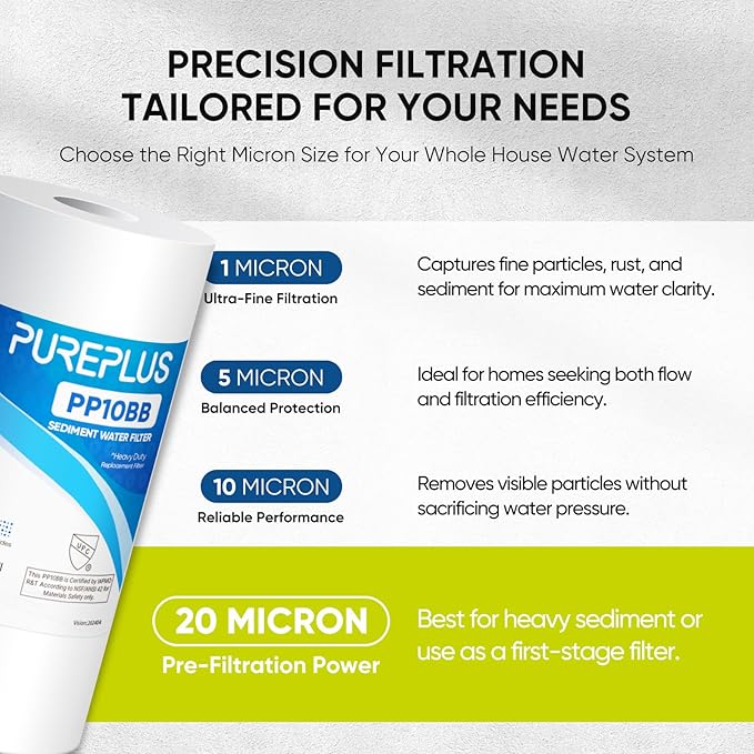 PUREPLUS 20 Micron 10" x 4.5" Whole House Sediment Home Water Filter Replacement Cartridge for Culligan RFC-BBSA, HD-950, WFHD13001B, W15-PR, GXWH30C, GXWH35F, Aqua-Pure AP817, PP10BB, 2PACK