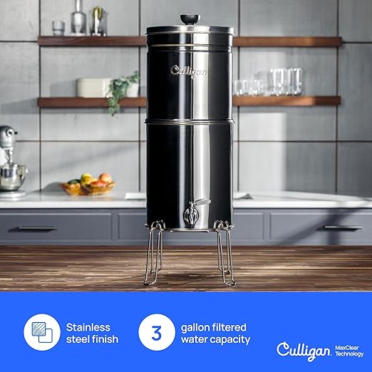 Culligan MaxClear 3 Gallon Gravity Water Filter System Removes Microplastics, PFAS & Lead, NSF/ANSI Certified, Brushed Stainless-Steel Countertop Filter with 1 Ceramic Filter