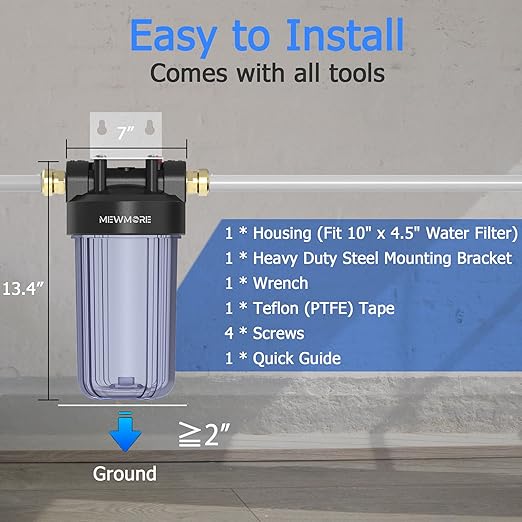 WHT10 Whole House Water Filter Housing, Fit 10"x4.5" Sediment etc Filters for Well and City Water, Big Filter Blue Pre-Filtration System for Home, 1" NPT Port, Pressure Release (Clear Housing)