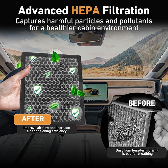 HEPA Cabin Air Filter Replacement with Activated Carbon - Compatible with Rivian R1T & R1S Gen1 & Gen2 Vehicles 2022 2023 2024 2025 2026