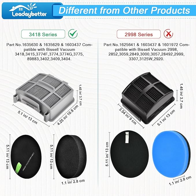 Leadaybetter 39883 Vacuum Filter for Bissell Pet Hair Eraser 39883 3418 3774F 3409 3774 3774G 3775 3415 3404 3402 SurfaceSense Vacuums, Model 1635630 & 1635629