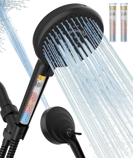 Filtered Shower Head with Handheld, 10 Spray Mode High Pressure Shower Head with Filters, Shower Filter Head for Hard Water, Powerful Spray for Cleaning, 2 Replaceable Filters Included, Black