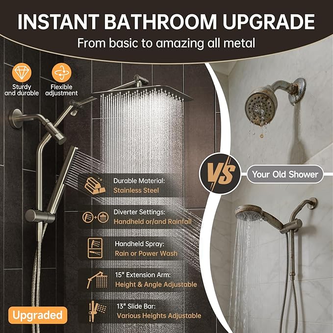 Veken All Metal 10" Brushed Nickel Shower Head with Handheld, Luxurious Square High Pressure Double Rain Shower Heads with Power-wash Hand Held, Dual Detachable Rainfall Showerhead,Bathroom Upgrade