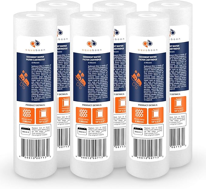Aquaboon 5 Micron 10 x 2.5 Sediment Filter - Whole House Water Filter Replacement Compatible with Well Water Filters - P5, AP110, WHKF-GD05, 6 Pack