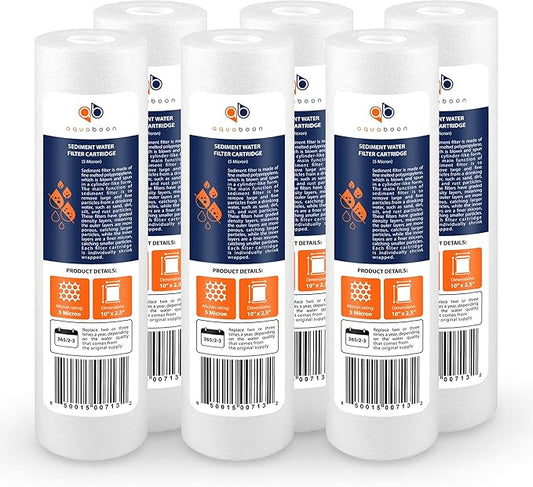 Aquaboon 5 Micron 10 x 2.5 Sediment Filter - Whole House Water Filter Replacement Compatible with Well Water Filters - P5, AP110, WHKF-GD05, 6 Pack
