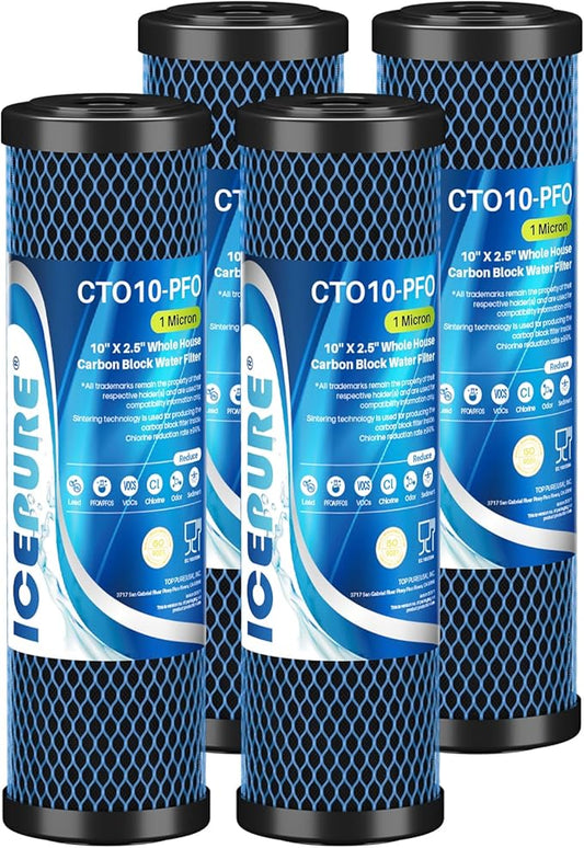 ICEPURE 1 Micron 10" x 2.5" Whole House PFOA/PFOS Carbon Water Filter Cartridge Replacement for DuPont WFPFC8002, WFPFC9001, SCWH-5, WHCF-WHWC, FXWTC, CBC-10, RO Unit, Pack of 4