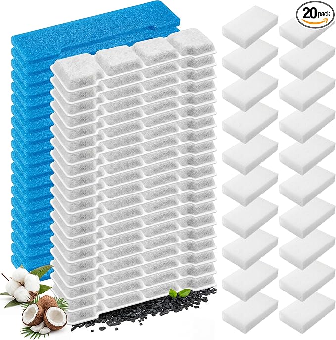 Enhon 60 Pack Dog Water Fountain Filter Replacement Compatible with SIBAYS Kastty 4Gal/15L Pet Fountain Filters, Made of Activated Carbon and PP Cotton, Multilayer Filtration System