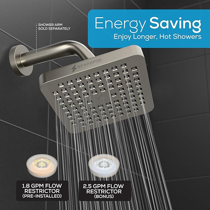 SparkPod Shower Head - High Pressure Rain - Premium Quality Luxury Design - Easy Clean Adjustable Replacement for Your Bathroom Shower Heads (Elegant Brushed Nickel, 6 Inch Square)