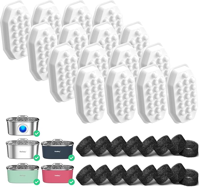 Rellaty Official 32PCS Cat Water Fountain Filters Replacement & Pre-Filter Sponges for 3.2L/108oz Automatic Pet Water Fountain (16 filters +16 sponges)