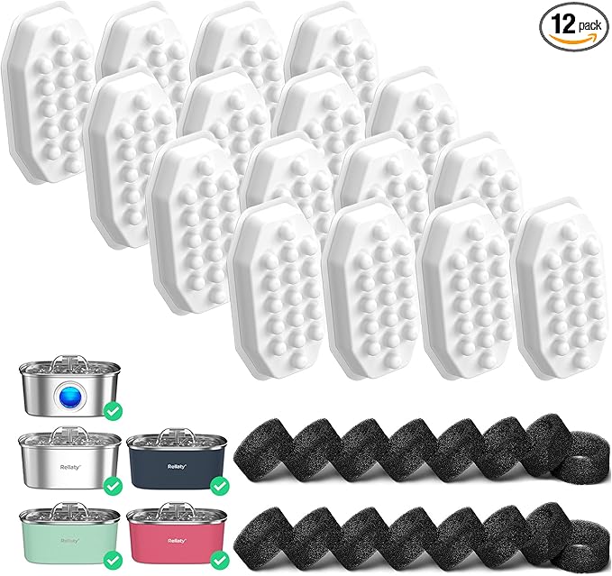 Rellaty Official 32PCS Cat Water Fountain Filters Replacement & Pre-Filter Sponges for 3.2L/108oz Automatic Pet Water Fountain (16 filters +16 sponges)