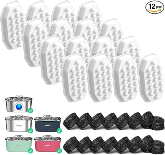 Rellaty Official 32PCS Cat Water Fountain Filters Replacement & Pre-Filter Sponges for 3.2L/108oz Automatic Pet Water Fountain (16 filters +16 sponges)